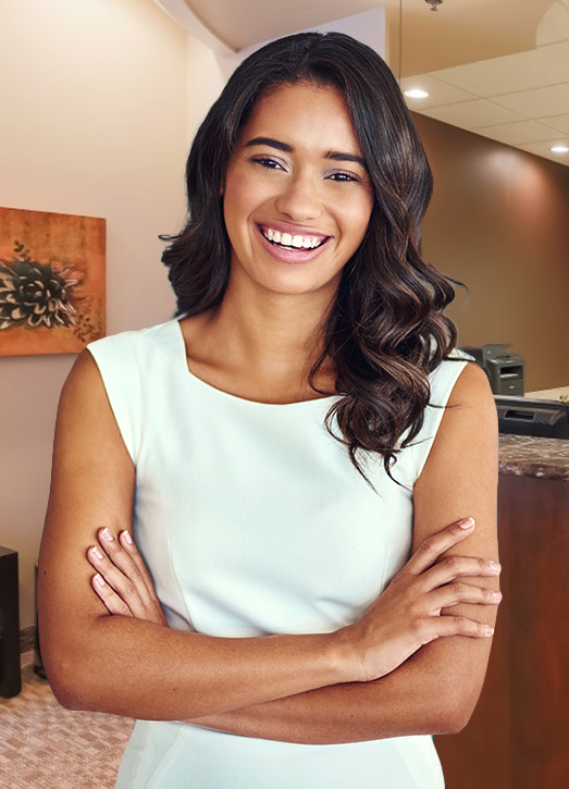 Elegant lady in white dress smiling radiantly