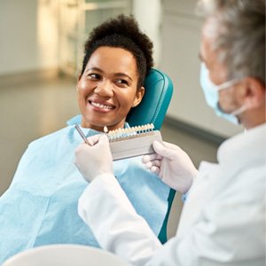 : Patient smiling at dentist who is displaying the different shades of veneers