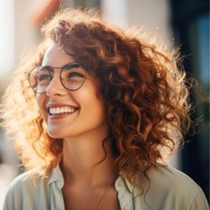 Woman with glasses smiling outside