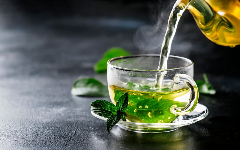 A delicious-looking mug of green tea