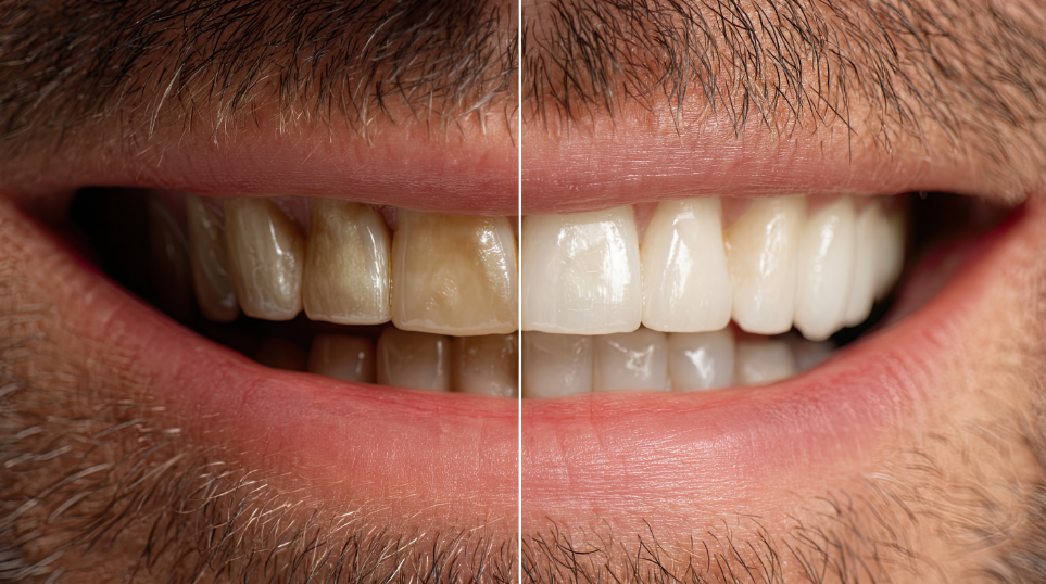  Man smiling with half stained teeth, half white teeth