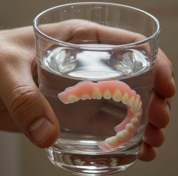 Dentures soaking in glass